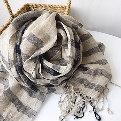 Unisex Japanese Retro Plaid Pure Linen Infinity Scarf Long Fringed Four Seasons Silk Scarf Shawl for Women & Men (Color : Style 1, Size : 75x210cm)3