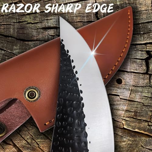 Image of Professional Butcher Knife Hand Forged Boning Knife with Sheath Viking Style, High Carbon Steel Japanese Chef Knife Chopping Knife for Kitchen (Wooden Handle Knife + Sharpener)