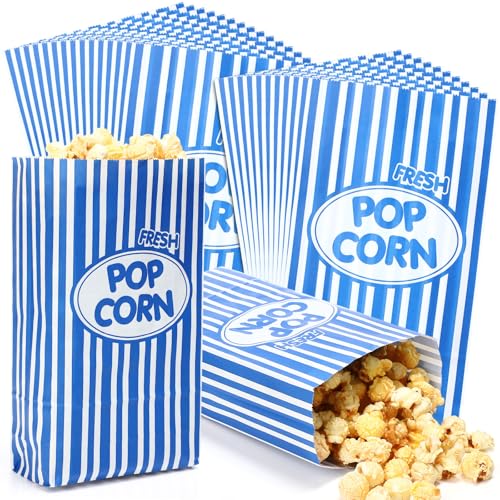 Image of Potchen 300 Pcs Paper Popcorn Bags Bulk 2 oz Large Individual Serving Popcorn Bag Flat Bottom Disposable Container Vintage for Movie Night Themed Summer Back to School Party Carnival (Dark Blue)