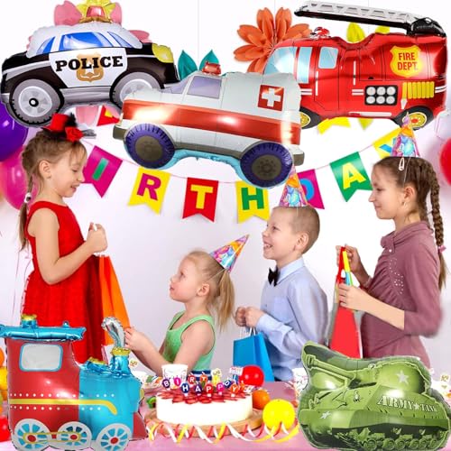 Image of Rozi Decoration Vehicle Theme Foil Balloon Set for Birthday Decoration, Kids Party, Theme Party Decor, Police Car, Fire Truck, Ambulance, Train and Army Tank Foil Balloons (Pack of 5)
