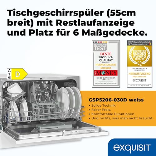 Exquisit Mini-Geschirrspüler, Tischspülmaschine, 55 cm breit, spülmaschine klein, Auto Türöffner, ECO-Modus, GSP5206-030D weiss