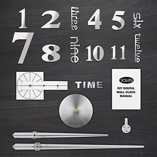 SOLEDI 3D Wanduhr Groß XXL zum Kleben - DIY Mute Modern Uhr Wandtattoo für Wohnzimmer Küche Schlafzimmer Office (60-120cm)