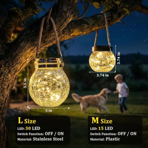 Image of ROSHWEY Solar Lantern, 2 Pack Garden Decor Lights Waterproof Outdoor Lanterns with 30 LED Solar Lights Patio Hanging Lights for Backyard Fence Pathway Porch Decorative, Warm White
