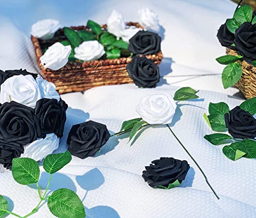 O2Colorful Foam Fake Black Roses Artificial Flowers With Stems For Diy Wedding Bouquets Centerpieces Halloween Party Tables Home Decorations 25Pcs Boxed #TOP4