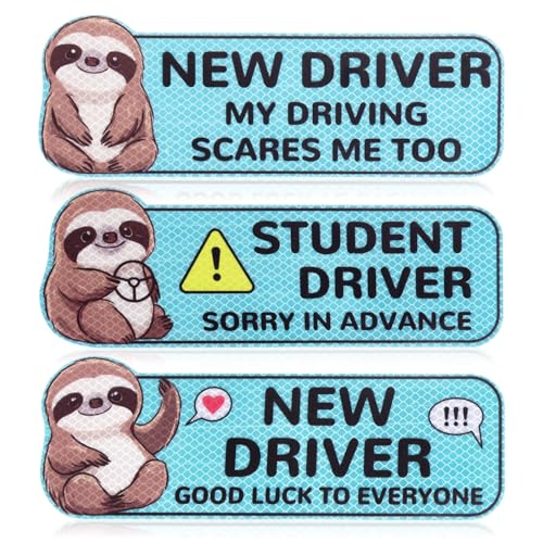 3pcs New Driver Car Magnets, Cute Cartoon Sloth Novice Rookie Student Driver Safety Attention Sticker Highly Reflective Bumper Stickers Please Be Enduring Keep Distance Sign for Trucks & Vehicles