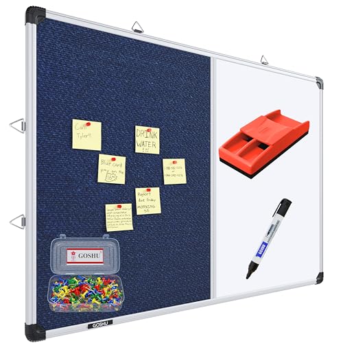Image of GOSHU Non Magnetic Combination White Board 3 feet x4 feet with Blue Pin-up Notice Board Includes 1 Duster, 1 Marker and 50 Push up pins for Home, Office & School (Blue, 3x4 feet, Pack of 4 Items)