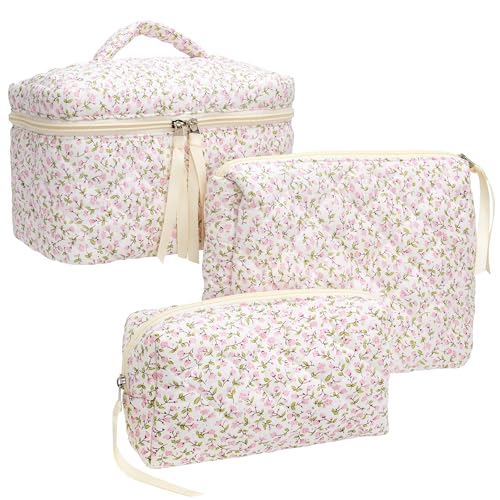 3PCS Makeup Bag SET Large Travel Quilted Zipper Soft Cosmetic Case Pouch for Women Girls Make Up Floral Pink