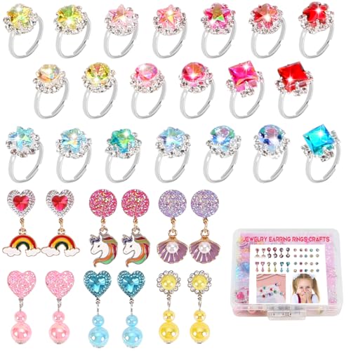 Toddler Toys for Ages 5-7 Little Girl Jewel,Clip On Earrings For Girls,Adjustable Rhinestone Rings for Girls Pretend Play and Dress Up Rings for 4 5 6 7 8 9 10 11 12 Year Old Girl Birthday Gifts