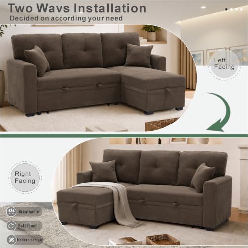 Image of KEIKI 71 inch Sectional Sleeper L Shaped Sofa with Pull Out Bed, Sleeper Sofa with Reversible Chaise, 3 Seater Modular Sectional Sofa with Storage for Living Room, Coffee