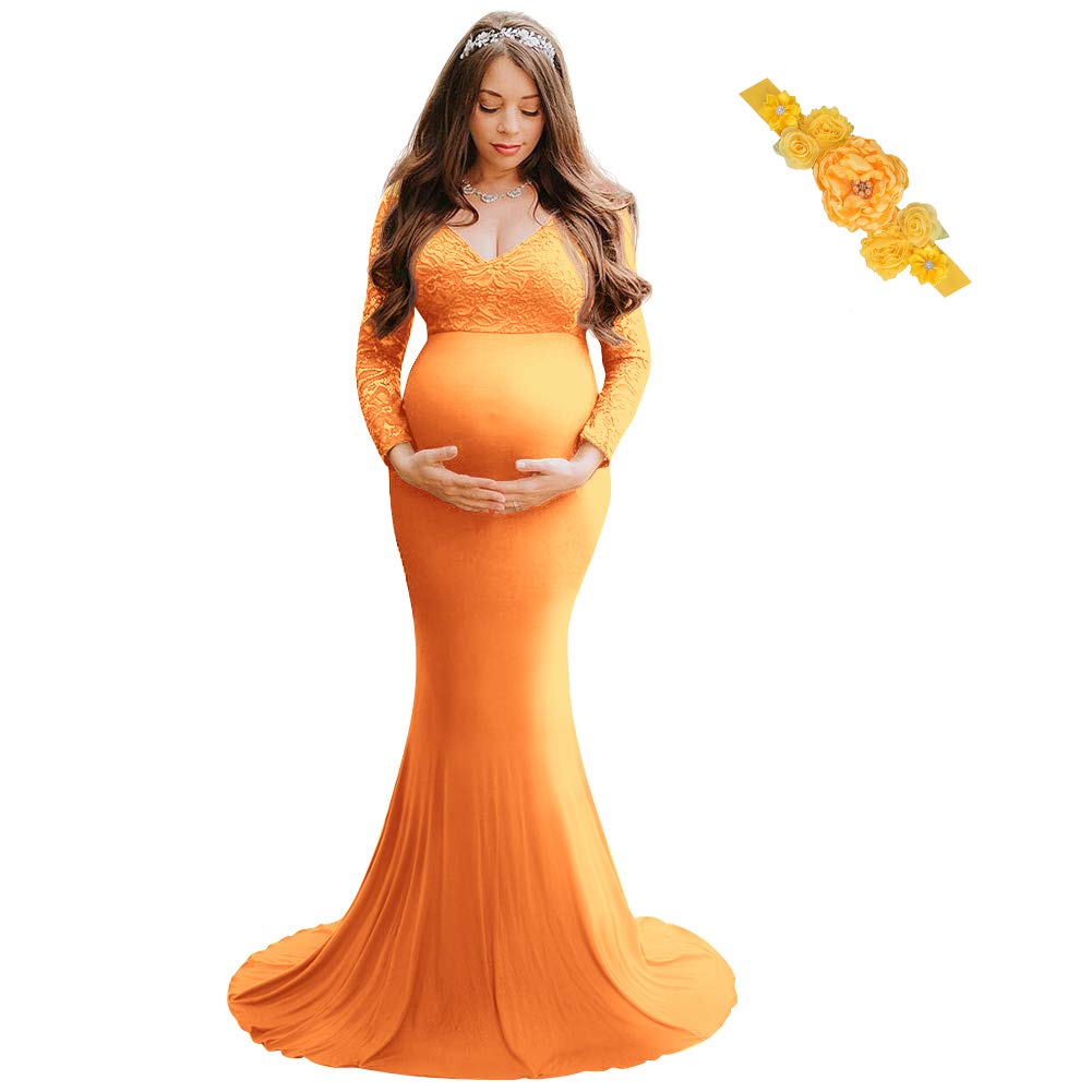 IDOPIPWomen's Long Sleeve Off Shoulder Lace Maternity Dress for Photography Baby Shower with Flower Sash Belt for Photoshoot