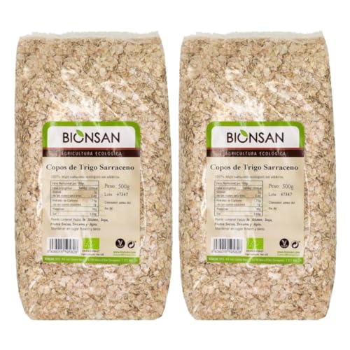 Pack 2 Copos de Trigo Sarraceno Bion san Bio 500 g, 1 kg total, copos ecológicos de trigo sarraceno, cereal vegano para desayunos, recetas y cocina diaria.