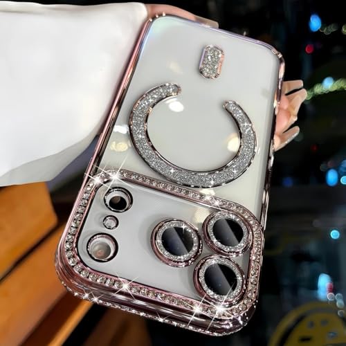 Image of for iPhone 17 Pro Max Magnetic Glitter Case,Luxury Bling Rhinestone Diamond Plated Bumper Case Sparkle Camera Lens Protection Clear Cover for iPhone 17 Pro Max (Pink)