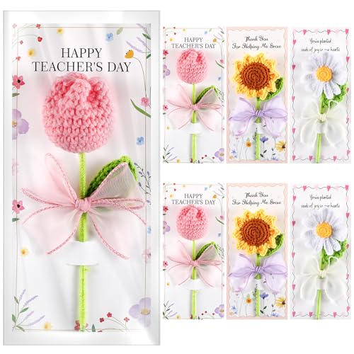 Frienda 6 Set Teacher Appreciation Gifts Crochet Flowers with Greeting Cards and Bows Knitted 5.91 Sunflowers Daisy Tulips Teachers Crochet Flowers for Teachers Day Thank You Women Never Fading Gifts