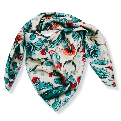 Wild Rag Silk Scarf 36'', Western Cowboy Bandana Square Silky Wild Rags,Grey Teal Cactus Tibal Scarves for Men & Women