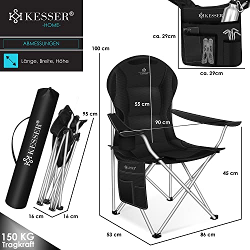 Foto von KESSER® Campingstuhl faltbar bis 150 kg Angelstuhl Faltstuhl Klappstuhl Gepolstert mit Armlehnen und Getränkehalter + Tasche mit hoher Rückenlehne, Strandstuhl, Klapphocker, Farbe:Schwarz/Schwarz