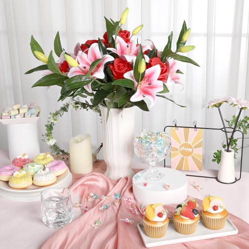 Hoemwarm JOLAUVFJ8645 18 Pcs Artificial Flowers Pink Lily And Red Roses,Fake Latex Lilies Plastic Tropical Silk Fake Red Rose Flower Bouquet Arrangement thumb #3