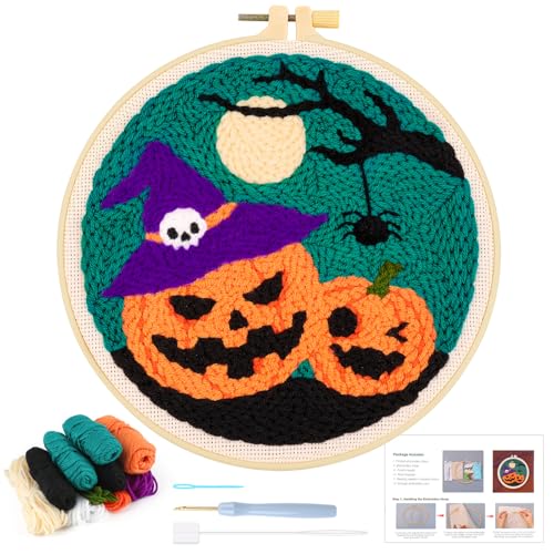 JSRQT Halloween Pumpkin Punch Needle Starter Kit for Beginners, Stamped Cross Stitch Rug Hooking Beginners Kit for Adults, DIY Craft Handmade Punch Needle Embroidery Set, for Party Home Decor