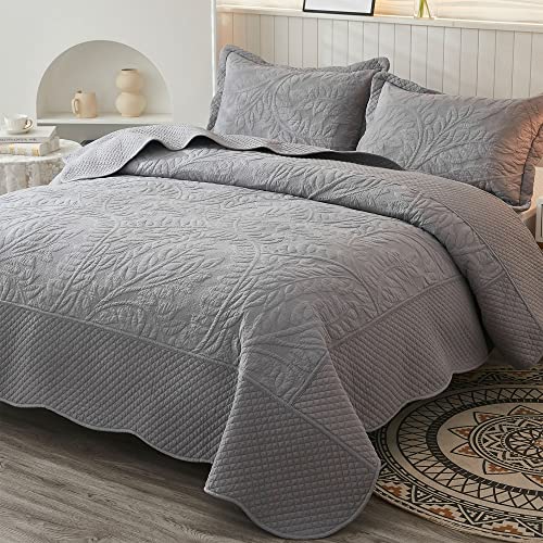 MarCielo 3-Piece 100% Cotton Oversized Bedspread Lightweight Quilt Coverlet Embroidery Farmhouse Bedding Set T0 (Light Grey, Oversized Queen (100"x106"))