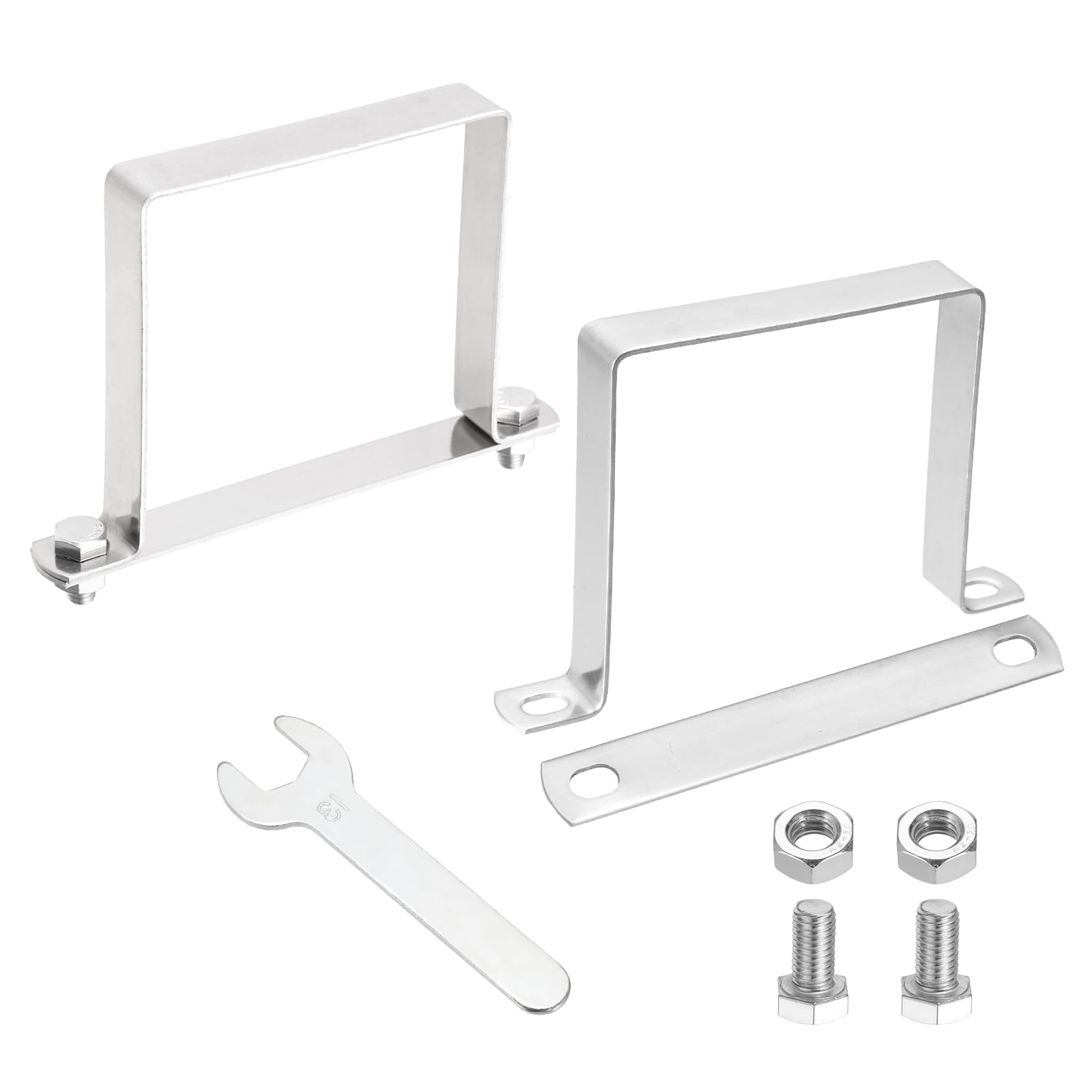 sourcing map 2Pcs U Shape Square Tube Clamp, 100x100mm U Shaped Bracket 304 Stainless Steel Square Strap Clamp with Bolt Plate Nuts and Wrench for Pipes Door Closed Bar Holder Railings