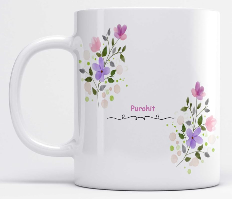 LOROFY Name Purohit Printed Lilac Color Floral Design White Ceramic Coffee Mug (350ML)