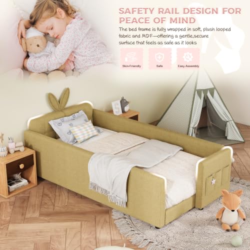Image of Twin Size Bed Frame for Kids, Upholstered Daybed Frame Floor Bed with Safety Rails and Storage Pocket Cute Rabbit Ear Shaped Headboard for Kids Teens Boys Girls, Yellow