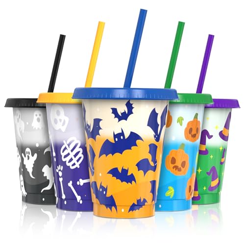 OZMOJOO Color Changing Cups, Plastic Cups with Lids and Straws, Reusable Plastic Tumblers - 5 Pack 16 oz, BPA-free, Cold Drink Party Cups for Kids, Adults