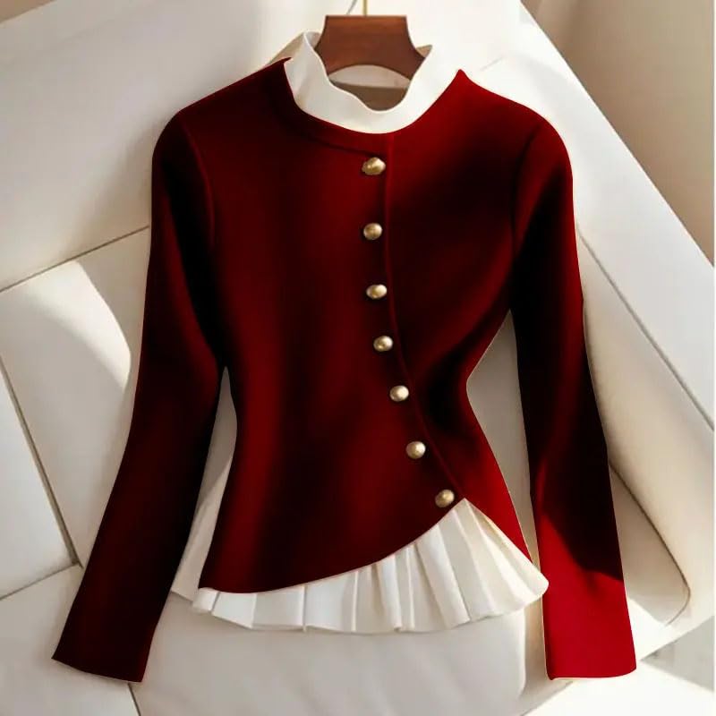 Women's Patchwork Knit Sweater Autumn Winter Slim Fit Long Sleeve Fake Two Piece Pullover3