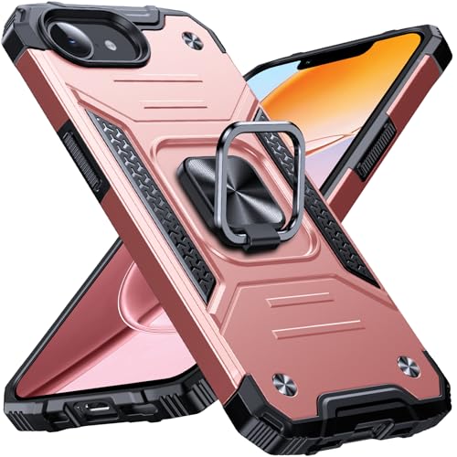 Image of Anqrp Heavy Duty Case for iPhone 17e /16e Case with Enhanced Ring Holder Grip Stand, Military Grade Shockproof Rugged Drop Protective Silicone Hard Slim iPhone 17e /16e Phone Case Cover,Pink Gold