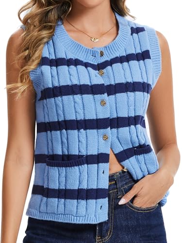 KEOMUD Women's Casual Sleeveless Knit Cardigan,Striped Lightweight Button Down Sweater Vest with Pockets