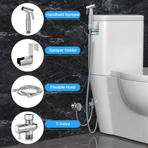Image of HASTHIP Toilet Spray Gun Pressurized Handheld Sprayer Bidet Hose Stainless Steel Rinser No Drill Universal G1 /2 Spray for Installation Kit 4ft Soft Hose 3PCS