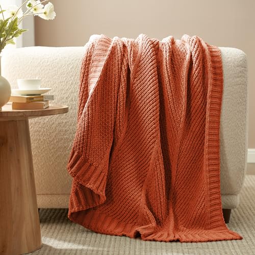 Amélie Home Chevron Chenille Knit Throw Blanket for Couch, Cozy Texture Decorative Soft Blanket for Sofa & Chair, 50"x60", Burnt Orange