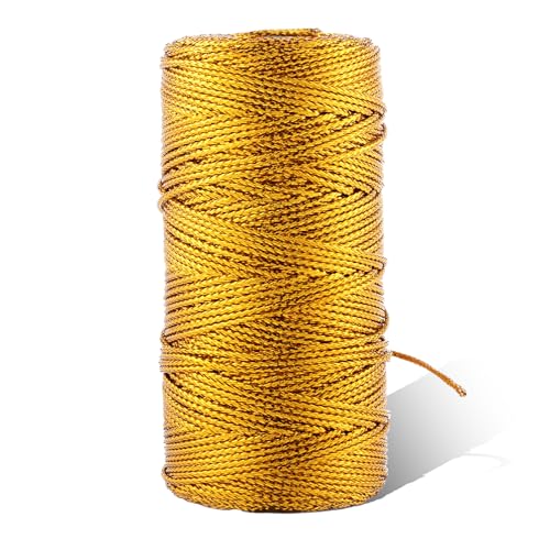 328 Feet Gold Metallic Twine 1.5 mm Wrapping Twine String Decorative Packing Twines Glitter String Inelastic Gift Tags Wrap for Ornaments Crafts DIY Present