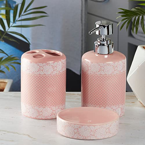 Image of SaSaSa Ceramic Bathroom Set of 3 Modern Bath Accessories Kit with Soap Dispenser, Toothbrush Holder & Dish - Stylish & Elegant Bathroom Decor, Pink (5763)