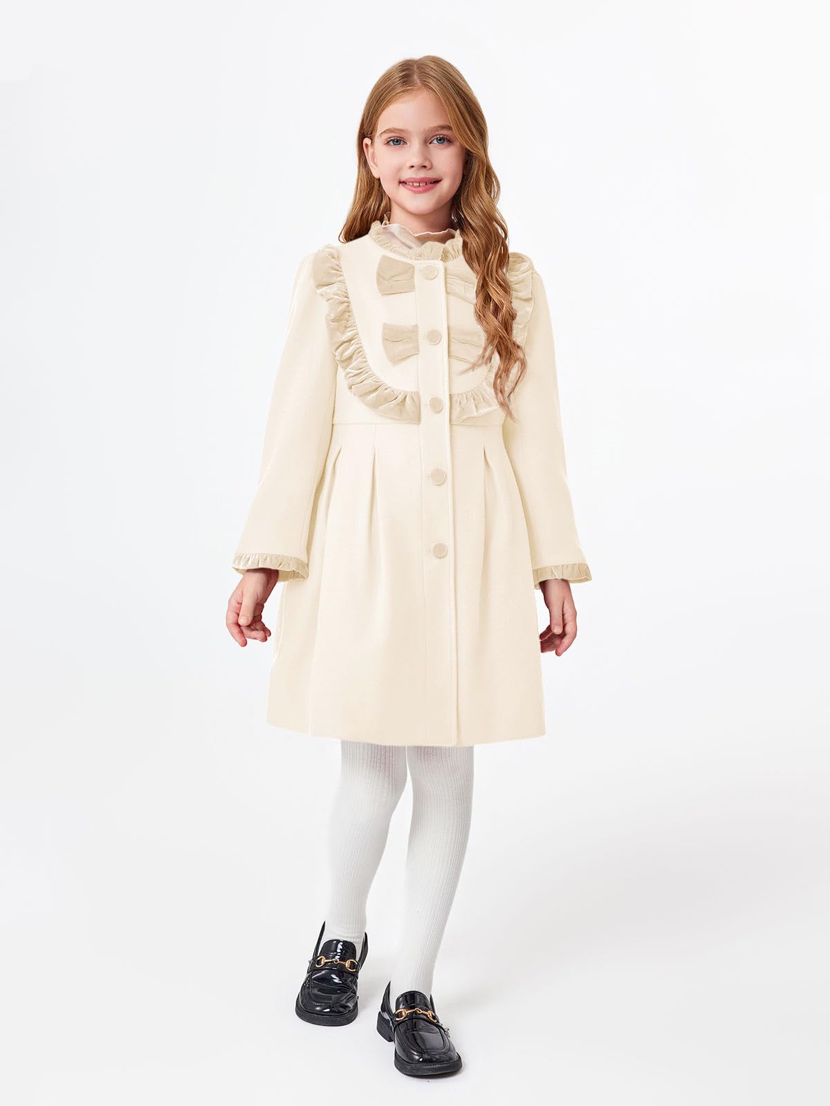 Haloumoning Abrigo de vestir para niñas con volantes y botones, bonito lazo, chaquetas largas de invierno con bolsillos de 3 a 12 años
