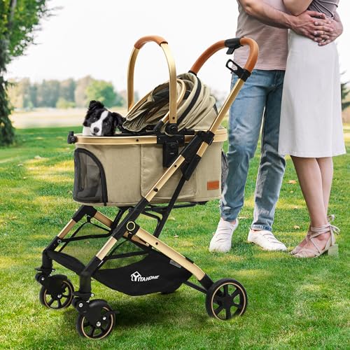 YITAHOME Hundewagen 3 in1 Hundebuggy Transporttasche, Faltbar klappbar Katzenwagen, Bis 15,9kg, 360°Verschleißfeste Gummiräder, Ablagekorb, Netzfenstern Getränkehalter, für Hunde & Katzn (Beige)