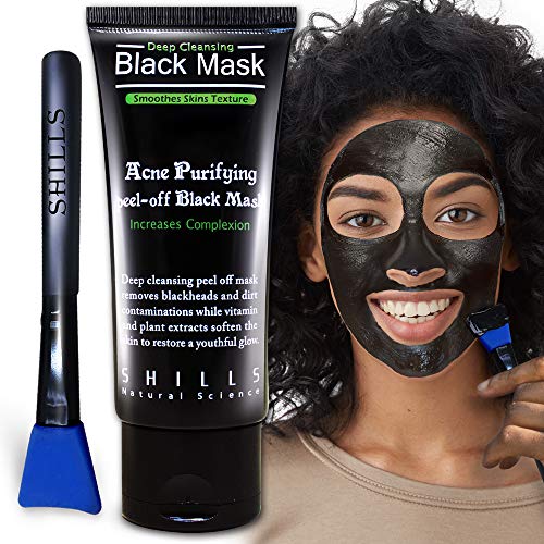 SHILLS Charcoal Black Mask, Blackhead Remover, Pore Control, Skin Cleansing, Purifying Bamboo Charcoal, Peel Off Black Mask, Smart Beauty, Blue Brush 1 Bottle(1.69 fl. oz)