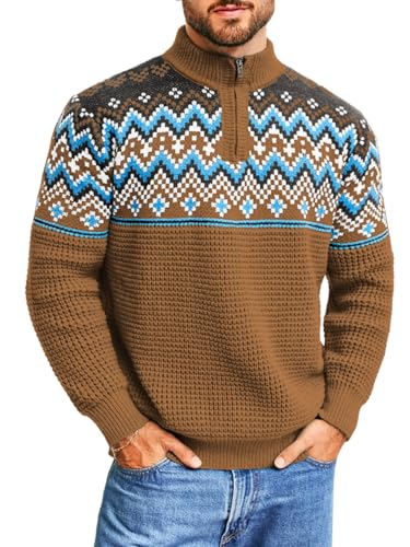 ChiaoLezhee Men's Quarter Zip Fair Isle Sweater, Pullover Waffle Knitted Stand Collar, Nordic Vintage Long Sleeve Casual Soft Winter Christmas, Brown, Large