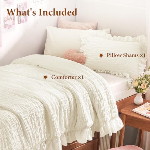 Image of JOLLYVOGUE Ivory Twin /Twin XL Comforter Set, 2 Pieces Seersucker Lightweight Fluffy Bedding Set, Twin Ruffle Comforter, All Season Soft Microfiber Shabby Chic Bed Set