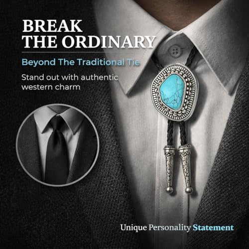 Image of Turquoise Bolo Tie for Men, Leather Braided Necktie Western Cowboy Bola Tie Costume Accessories for Men Women