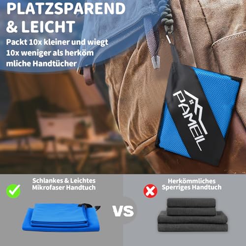 Pameil Mikrofaser Handtuch 3er Set - 160x80cm Groß Badetuch +2 Stück 80x40cm Klein Handtuch - Microfaser Handtücher für Backpacker, Reisehandtuch Schnelltrocknend Perfekte für Fitness (Blau)