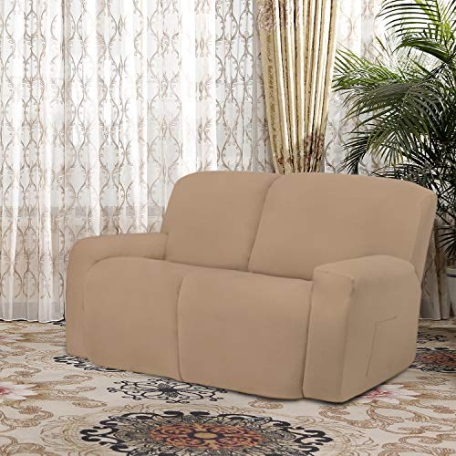 Image of Easy-Going 2 Seat Recliner Loveseat Cover for Dogs- 6 Pieces Stretch Sectional Recliner Sofa Slipcover for 2 Cushion Couch, Washable Furniture Protector with Elasticity (Recliner Loveseat,Camel