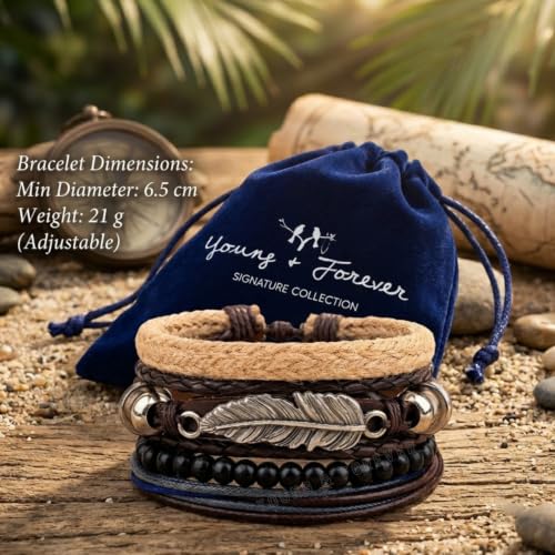 Image of Young & Forever Multi-Layer Leather Bracelet for Men | Adjustable Handmade Wrap Bracelet with Beads, Anchor, Evil Eye, Feather & Boho Charms | Vintage Punk Casual Wristband Gift for Men & Boys