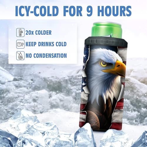 Image of SANDJEST Eagle Tumbler American Flag 4 in 1 12oz Can Cooler Coozie Skinny Stainless Steel Tumbler Gift for Men Dad Father Travel Veteran Day 4th of July