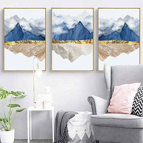 Toile montagne bleue et dorée grand format 50x70 triptyque déco murale contemporaine salon