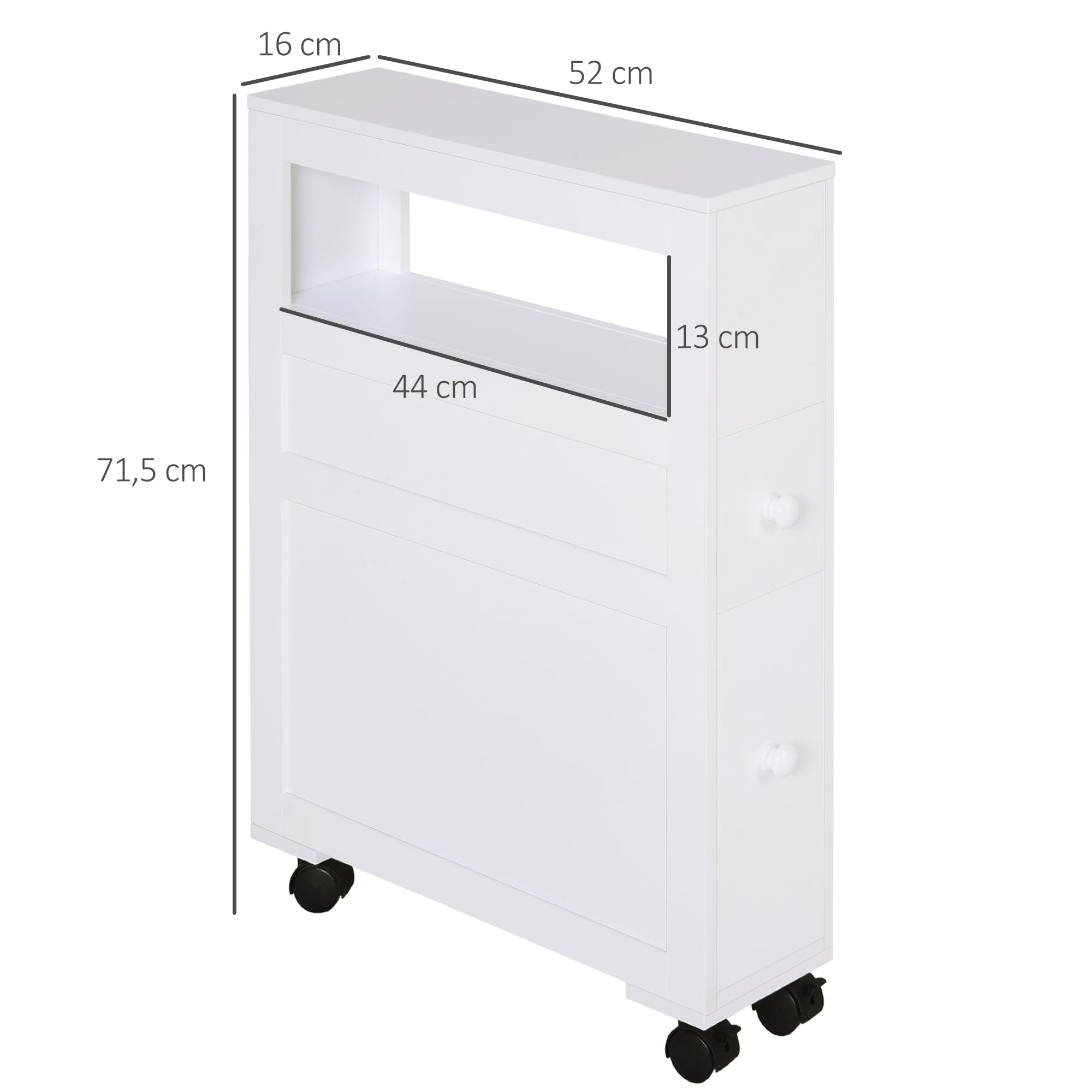 HOMCOM Armario de Baño con Ruedas Mueble de Baño Estrecho con 2 Cajones y Estante de Almacenamiento Carga 20 kg 16x52x71,5 cm Blanco