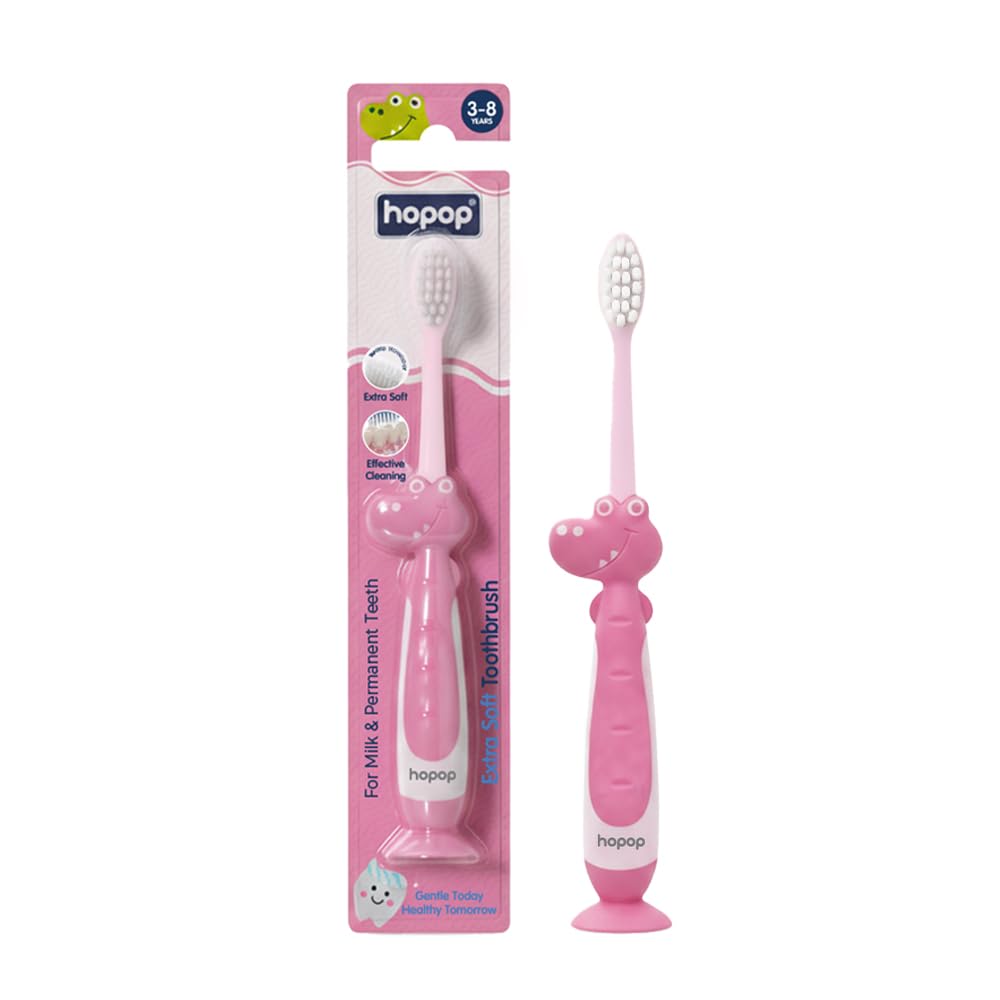 Hopop Kids Manual Toothbrush for 3–8 Years | Extra Soft Bristles for Milk & Permanent Teeth | BPA-Free | Gentle Oral Care with Suction Base & Easy Grip Handle | Pink-image-21