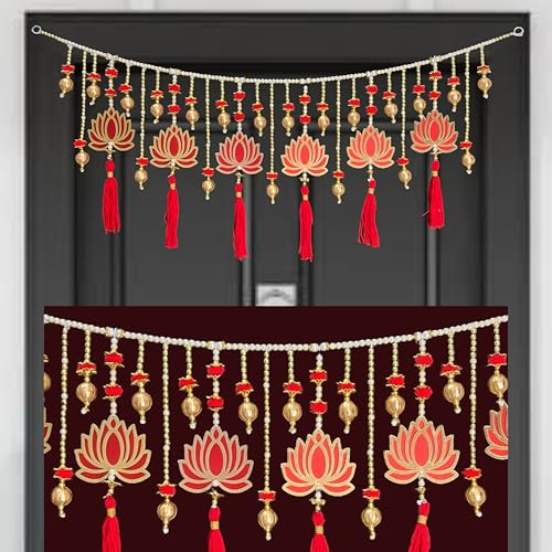 Image of Rajasthan Kraft Handmade Decorative Lotus Toran with Beads, Flower Moti & Pom Pom, Gota Ball, Woolen Tassels, Size - 40x16 Inch, Perfect Used for Home Decor, Festival & Wedding Decoration (RK-T-159)