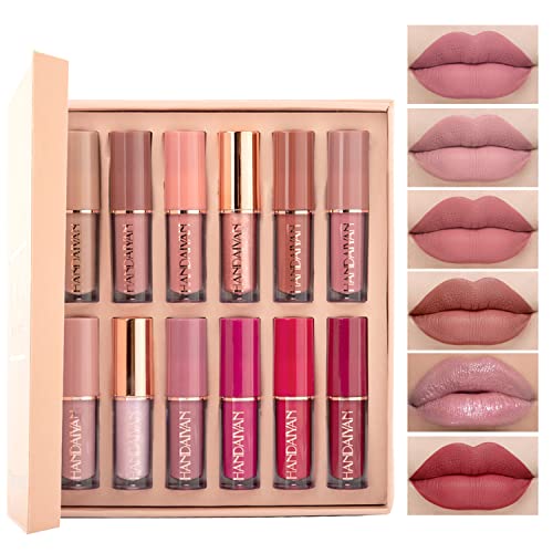 Topcent Matte Liquid Lipstick Sets, 12 Nude Colors Non-stick Cup Not Fade Waterproof Lip Gloss, Long-Lasting Lip Makeup Gift Set for Women, Lip Stains Pack Bundles (12PCS)