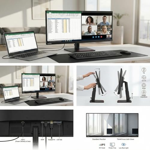 Image of Lenovo ThinkVision T24-40 24 inch Full HD IPS Monitor HDMI DP VGA | Up to 120Hz | VESA Mount | Office Business Displays | W /MAJ Deskpad | 2 Pack