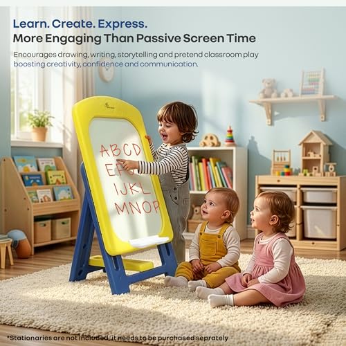 Image of R for Rabbit Little Genius Doodle Whiteboard for Kids Drawing Activity Board Rounded Corner Design Foldable 7-Level Adjustable Height & Handy Storage Tray for 3-7 Years Kids (Yellow Blue)